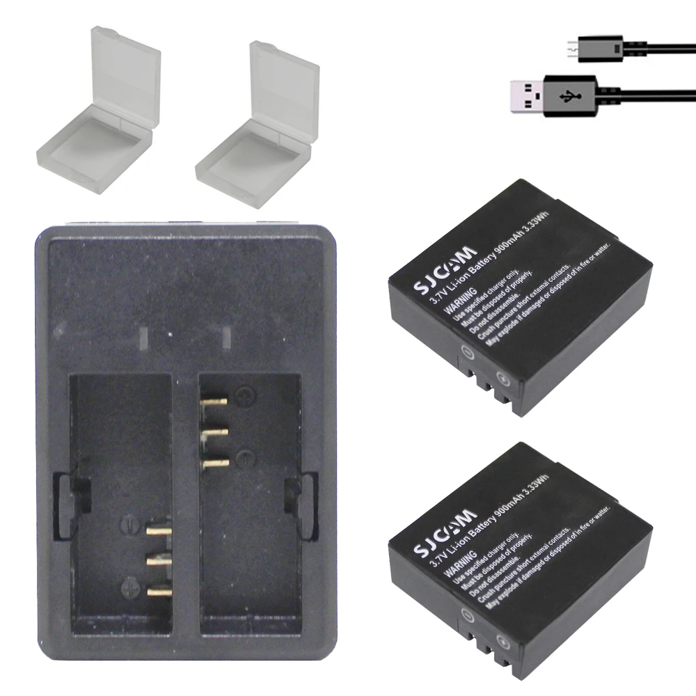 2Pcs New 3.7V 900mAh SJCAM SJ4000 Battery+Dual USB Charger for SJ4000