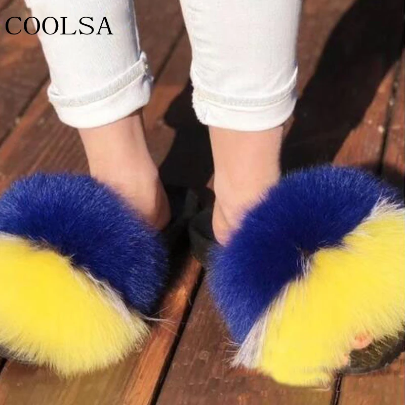 

New Women's Winter Fox Hair Slippers Ladies Open Toe Fur Sandals Female Indoor Fluffy Plush Home Shoes Women Slides Flip Flop
