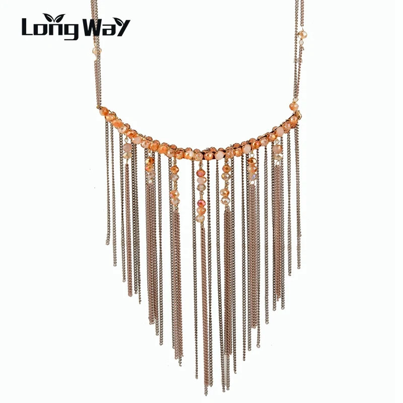 

LongWay Fashion Bohemian Style Gold Color tassel Pendant Necklaces for women Stone Beads Necklace Fine Jewelry SNE160254