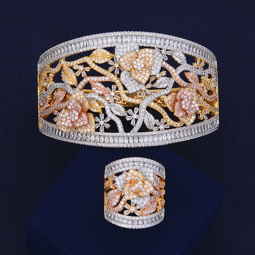

GODKI Luxury 3Tone Flower Nigeria Bangle Ring Set Jewelry Set For Women Wedding Cubic Zircon Crystal CZ Dubai Bridal Jewelry Set