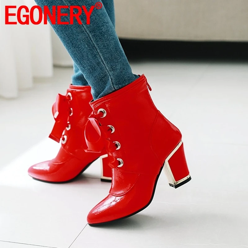 

EGONERY woman shoes 2019 winter new warm zip cross-tied pointed toe ankle boots outside super high heels plus size ladies shoes