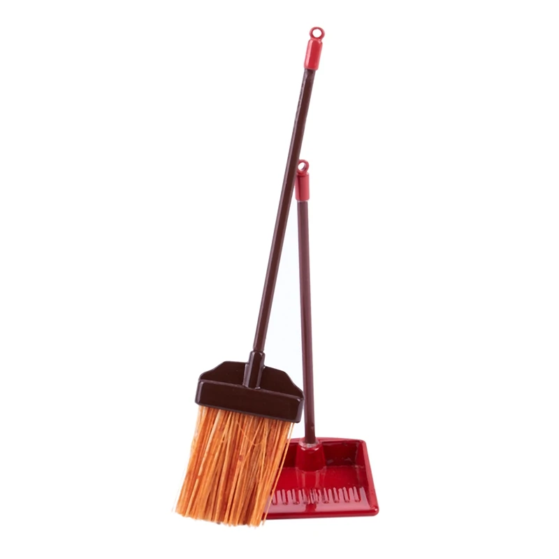 Dust Pan 2Pcs ♫ 1:12 Dollhouse Miniature Furniture Red Metal Long Handle Broom