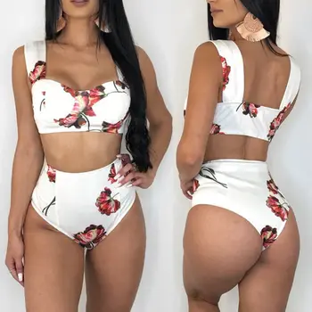 

Swimsuit Brief Sets 2018 summer Casual Women Push-up Padded Bra Bandage Bikini Set +Print Shorts Swimsuit Triangle