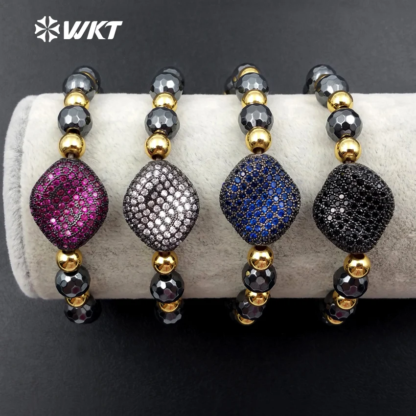 

WT-MB055 WKT Wholesale Hot Sale Hematite Beads For Women Jewelry Square Shape CZ Micro Pave Elastic Pendant Bracelet