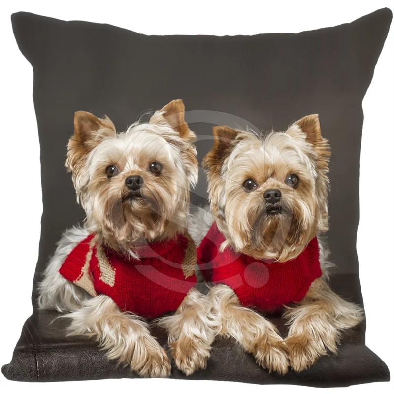 Cute Two Yorkshire Terrier Red Cloth Pillow Cases 18 x 18 inch
