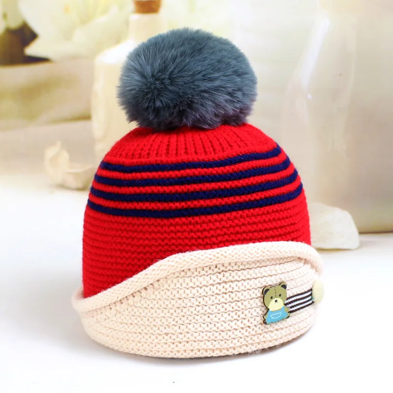 Модные детские зимние енотовые Меховые детские шапки для девочек, вязаные шерстяные шапки с ушками, шапка, вязаная детская шапка