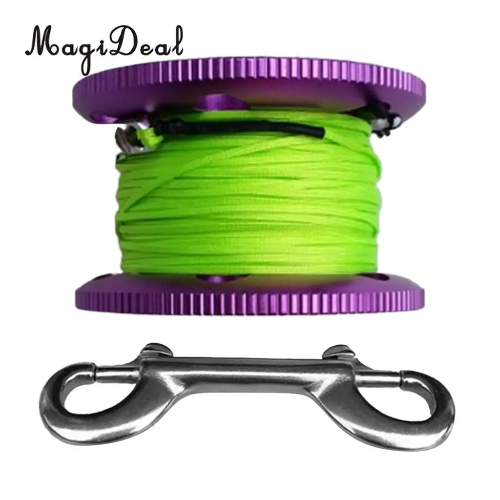 MagiDeal Scuba Diving Aluminium Finger Spool Reel Line Stainless Steel Snap Bolt Clip 20/30/50M Blue Purple Black