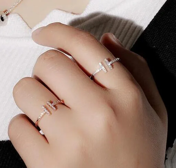

AAA Quality Fashion Micro Mosaic Premium Zircon Crystals Double T Knuckle Free Ring Thin Tail Rings for Women Gift