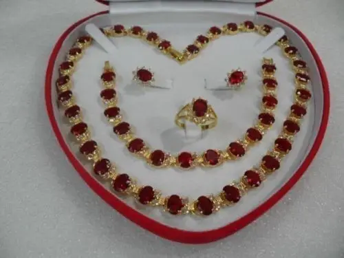 

women's gift true red ruby yellow gold Earring Bracelet Necklace Ring +box AAA 5.27