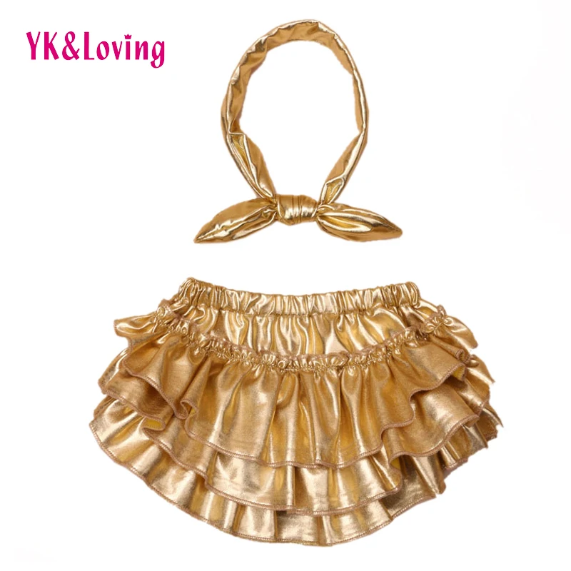 Newborn Baby Bloomers Gold Shorts + Headband 2pcs/Set Ruffle Leather