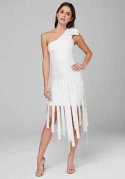 

New Arrivals Sexy One Shoulder Tassel White Bandage Dress Vestido Women Designer Knee Length Celebrity Party Dress