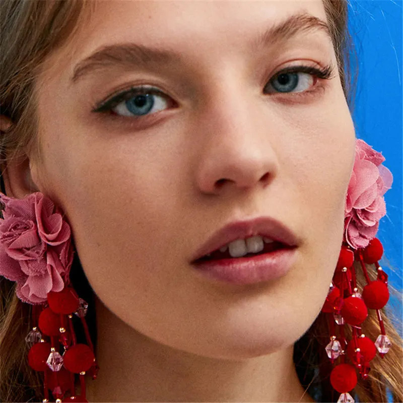 

LUBOV Bohemian Chiffon Flowers Long Earrings For Women Fashion Pom pom Tassel Earrings Accessories Statement 2018 Hot sale