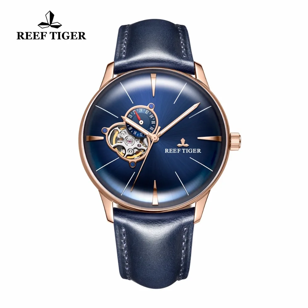 Мужские наручные часы Reef Tiger/RT повседневные дизайнерские цвета розового золота с синим циферблатом выпуклой