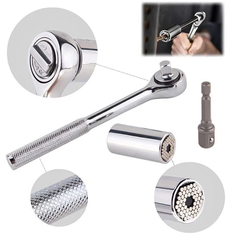 

Multi Universal Ratchet Socket 7-19mm Power Drill Adapter Torque Wrench Head Set Sleeve Spanner Key Grip Car Hand Tools