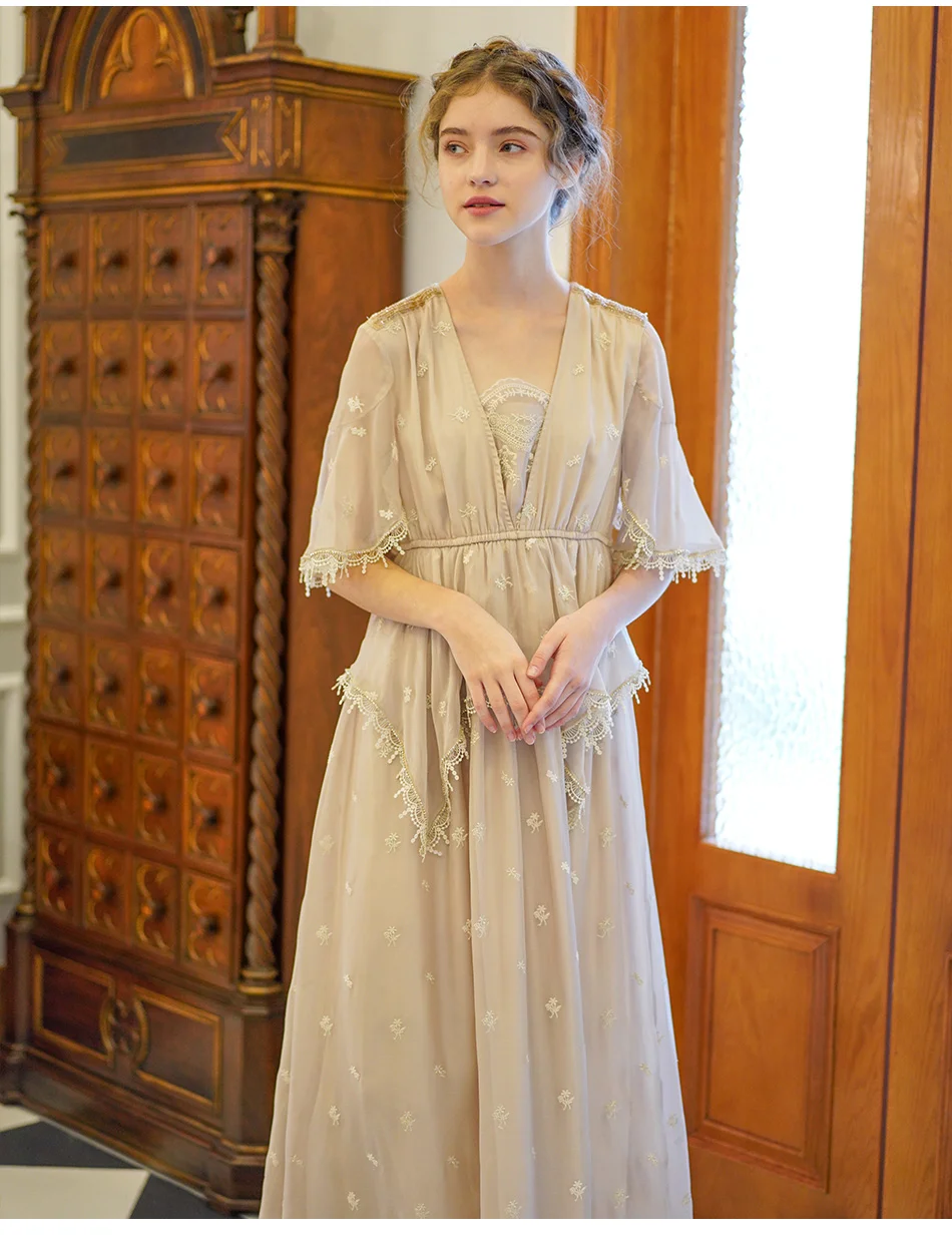 Женское летнее винтажное Макси-платье в стиле мори для девочек, Элегантное повседневное свободное изысканное длинное платье с вышивкой ручной работы из бисера и пайеток
