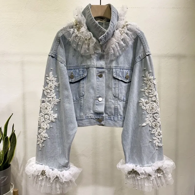 

New Fashion Pearls Bead Diamonds Lace Luxury Short Design Denim Jacket Coat Women High Waist Cowboy Coats Streetwear CC201