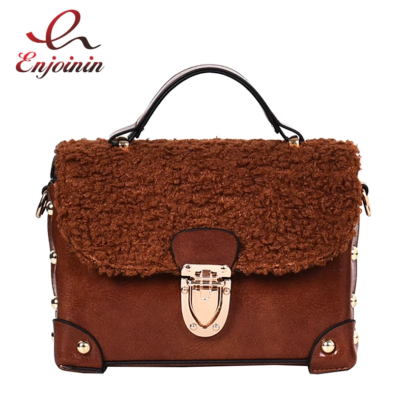 

New Arrival Pu Leather Stitching Plush Retro Buckle Box Type Women's Handbag Shoulder Bag Crosssbody Mini Messenger Bag Bolsa