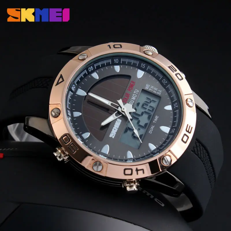 SKMEI для мужчин Солнечный Dual Time дисплей часы хронограф 50 м водостойкие спортивные