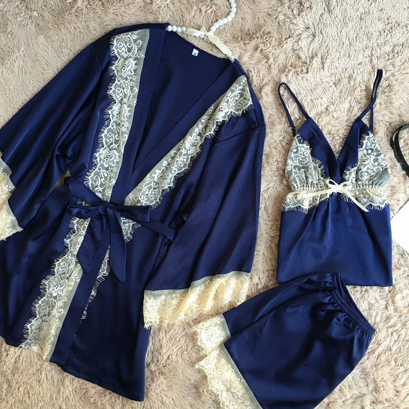 Новинка, весенний женский комплект сексуальной пижамы, атласное белье на бретельках, ночная рубашка с кружевным бантом, нижнее белье, seksi bayan gecelikler W3 - Цвет: Синий
