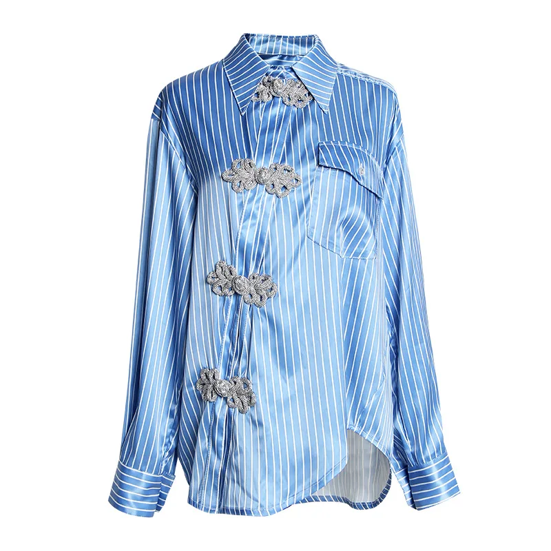 Женская рубашка в китайском стиле, весна, новинка, нишевый дизайн, Ретро стиль, в полоску, наклонная, с пряжкой, Асимметричная рубашка