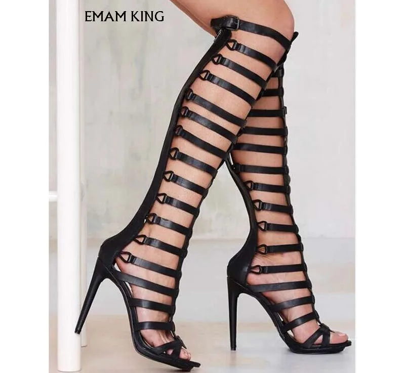 

Summer New Multiple Cross straps Hollow Open Toe Belt buckle Sandals High Tube High Heel Stiletto Knee-High Shoes WomenSIZE35-43