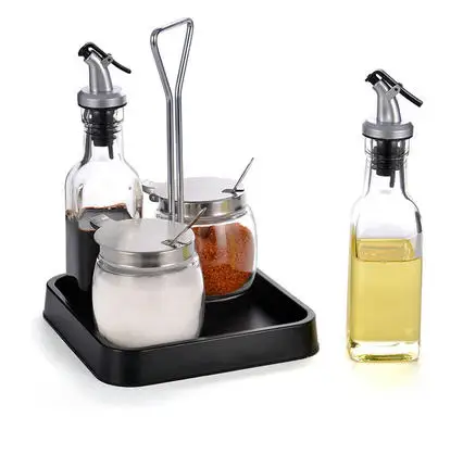 

Houmaid Glass oil and vinegar seasoning storage jars with plastic rack spice sugar salt pepper chili storage bottles with holder