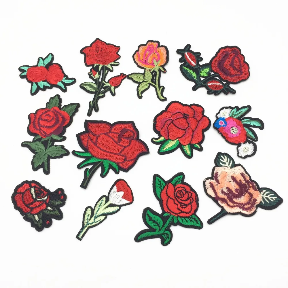 24pcs Mixed Rose Flowers Patches Iron On Fabric Appliques Embroidered Patch Badges Sew On Cloth