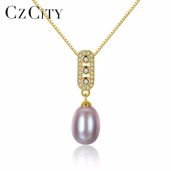 

CZCITY Pearl Silver Chain Necklace for Women 3 Colour Natural Freshwater 8-9mm Pearl Cubic Zirconia Pendants Necklaces Jewelry