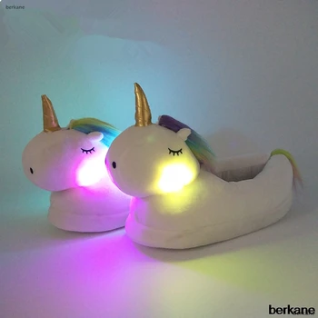 

Unicorn Slippers Licorne Led Bed White Flats Winter Warm Wing Plush 2019 Adult Cartoon Women Unisex Home Indoor Shoes Light Cute
