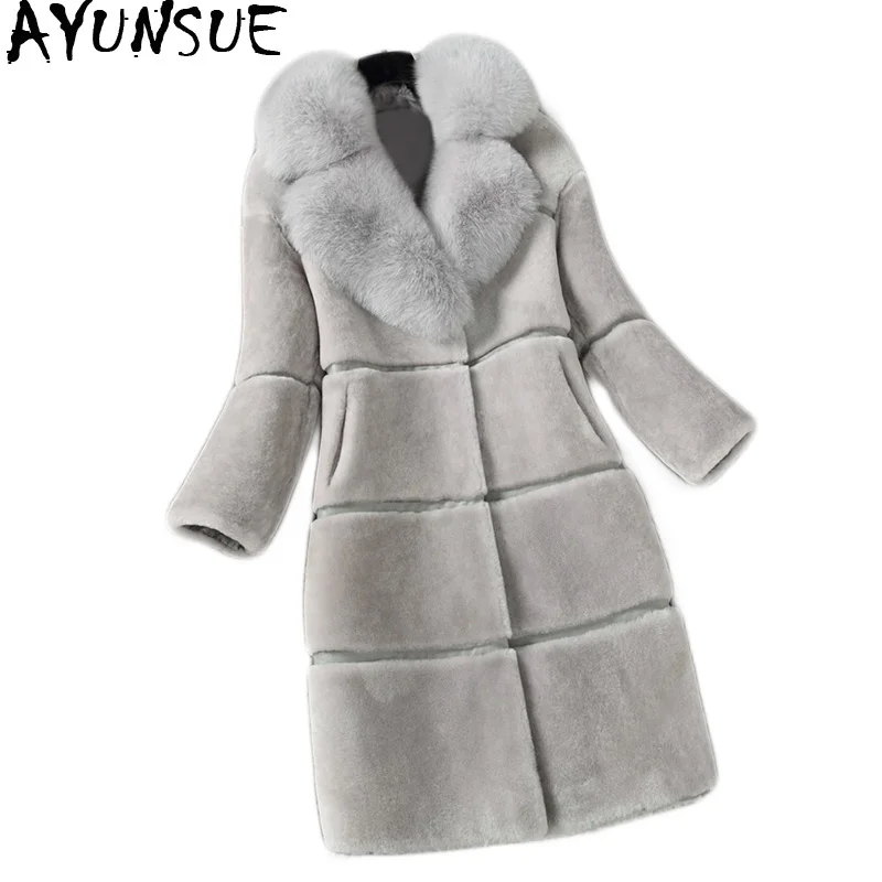 

AYUNSUE Winter Jacket Women Long Faux Fox Fur Collar Coat Sheep Shearing Coat Female Jackets Chaquetas Invierno Mujer KJ539