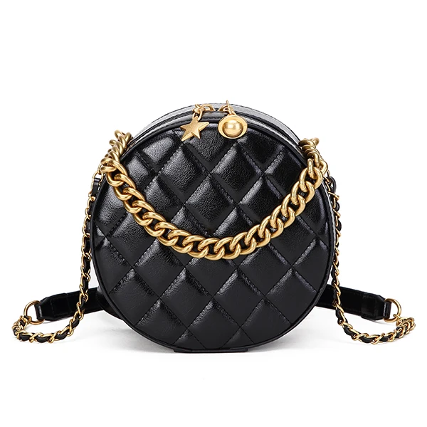 NEVEROUT цепь круг сумка для женщин кожаная сумка через плечо с ручкой стеганый стиль элегантные женские сумки-мессенджеры - Цвет: Black