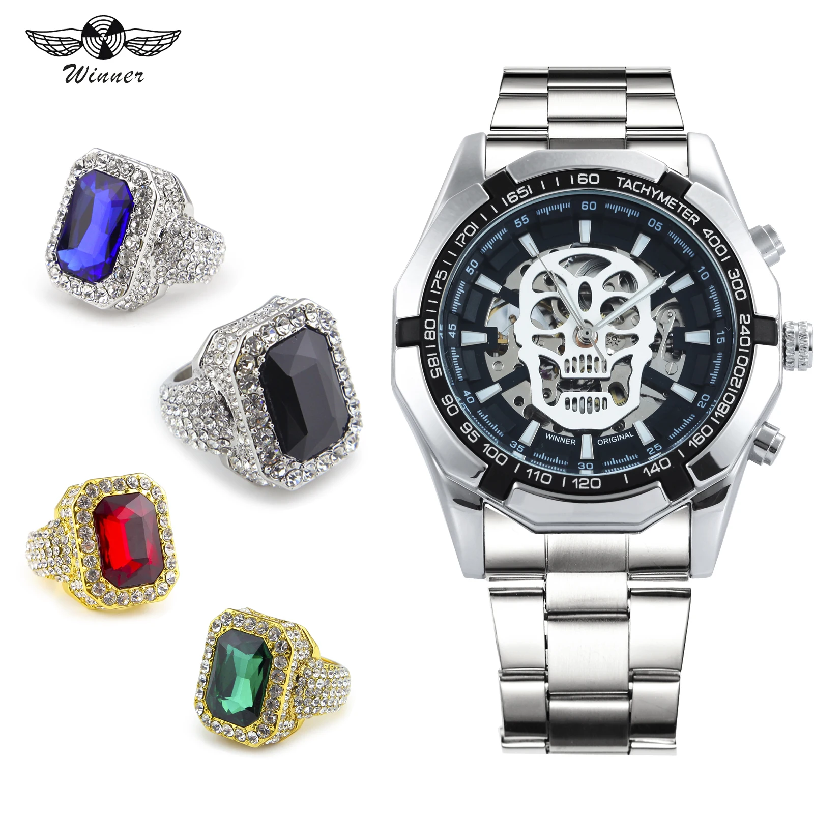 

WINNER Hip Hop Men Watch Jewelry Set Luminous Skull Auto Mechanical Punk Watch Men Top Brand Luxury + Iced Out Crystal Ring