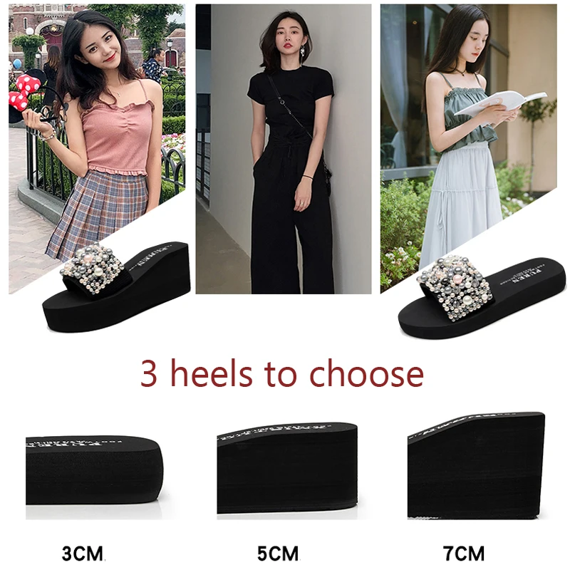 SHUJIN Pearls Slides Women Sandals Heel Slippers Torridity Sandal Shoes Handmade Bohemia Crystal Female Outdoor Shoes Slippers