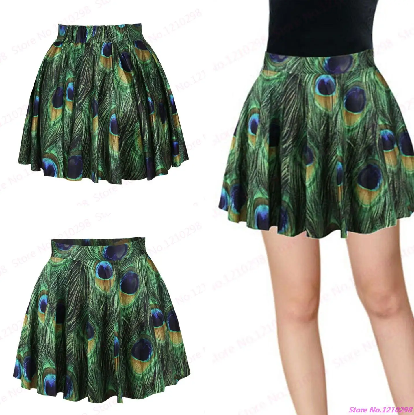 New Peacock Feather Mini Skirt Beautiful 3D Printed Flared Pleated