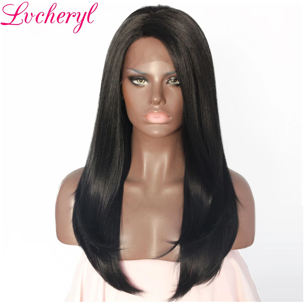 

Lvcheryl Hand Tied Black Color Yaki Straight Deep L Parting Space Soft Heat Resistant Synthetic Lace Front Wigs for Women