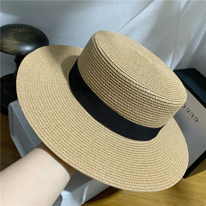 French Straw Flat Top Bow Female Sun Hats M Panama Elegant Wide Brim Anti-UV Beach Hat Women's Summer Sun Cap Gorras