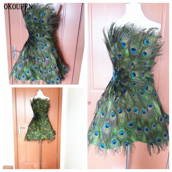 

Vintage Full Peacock Feather Prom Dresses Short Party Strapless Burlesque Show Girl Bustle Special Occasion vestidos de fiesta