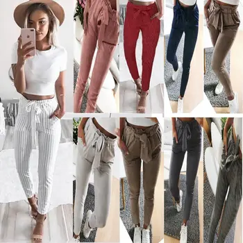 

Wontive 2019 Striped Stretchy Elastic High Waist Pencil Pants Women Bow Tie Belt Slim Long Trousers With Pockets