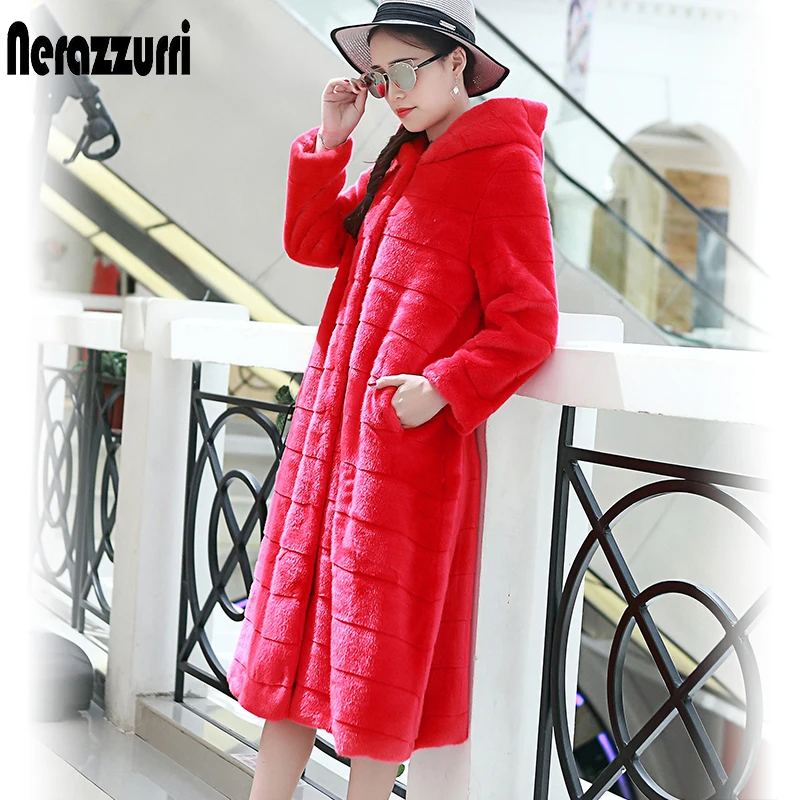 

Nerazzurri long faux fur coat women 2019 winter hooded black red warm fake fur overcoat furry fluffy plus size outwear 5xl 6xl