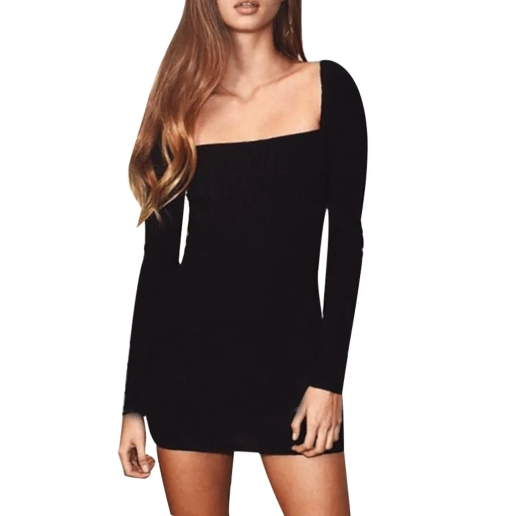 Feitong Square Neck Fashion Dress Women Long Sleeve Pure Color Sexy
