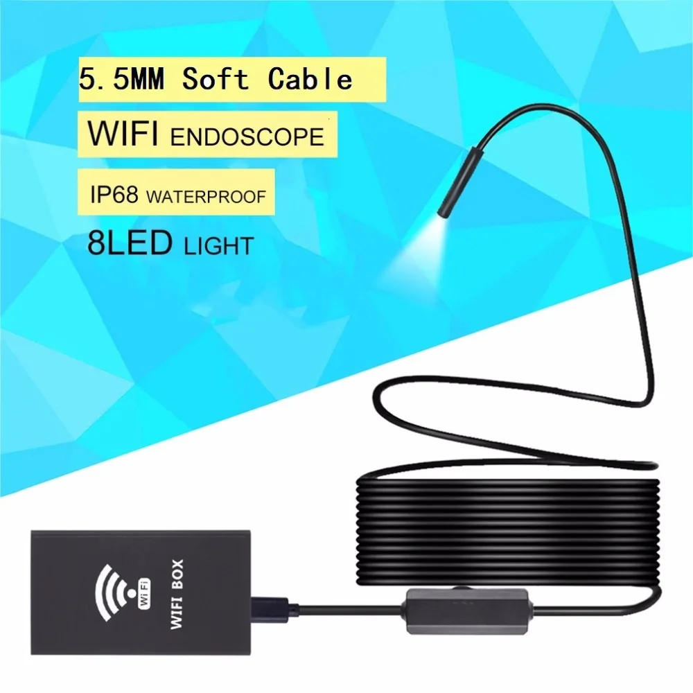 

5.5mm Lens Smart WIFI Endoscope 1m/ 2m/ 3.5m/ 5m/ 10m 8pcs LED Light With Adjustable Light Button Waterproof Black Soft Cable