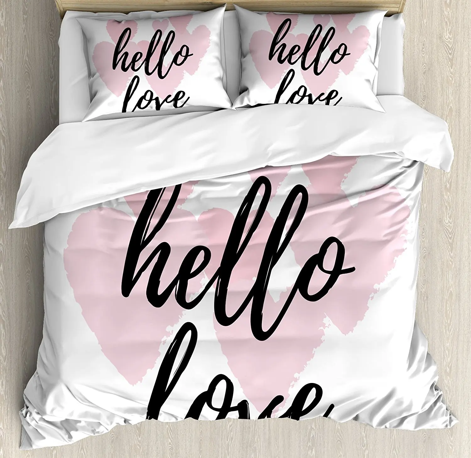 Hello Duvet Cover Set Love Hand Lettering Print on Pink Hearts Inspirational Quote Valentine's Design 4 Piece Bedding | Дом и сад
