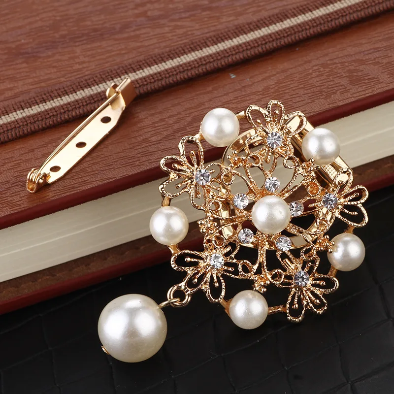 Floral Gold Tone Alloy Pearls Brooches 3pcs 41*65MM DIY Jewelry Breastpins Ornament Accessories Metal Scarf Pins | Украшения и