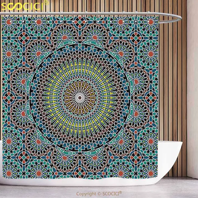 Waterproof Shower Curtain Geometric Decor Traditional Middle Eastern Waterproof Shower Curtain Geometric Decor Traditional Middle Eastern Moroccan Arabesque Culture Artful Design Slate Blue Ruby