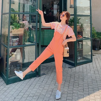 

2019 Spring ans Summer Fashion Overalls Casual Wilde Youthful Jumpsuit Simple Solid Bib Pants Beautiful Girls Pants