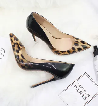 

Mixed Leopard Woman Pumps Super High Heels 12cm Shiny Leather Elegant Lady Party Wedding Shoes Pointed Toe Plus Size Customized