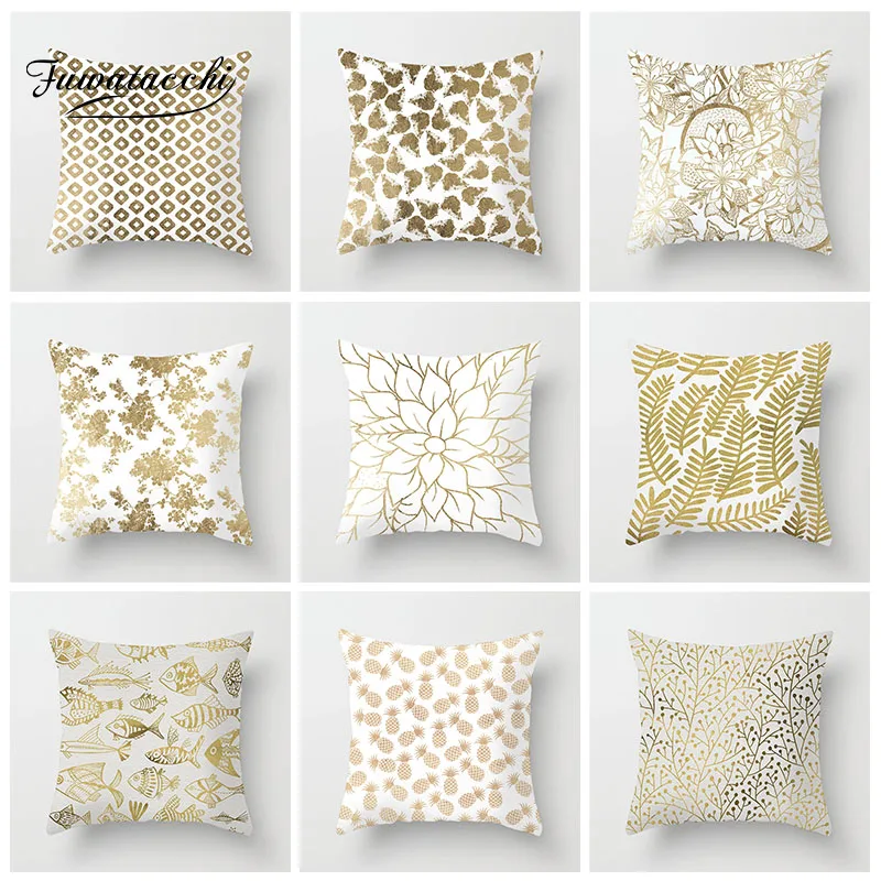 

Fuwatacchi Geometric Golden Cushion Cover Leaf Pineapple Fish Throw Pillow Cover Decorative Sofa Soft Throw Pillowcase 2019