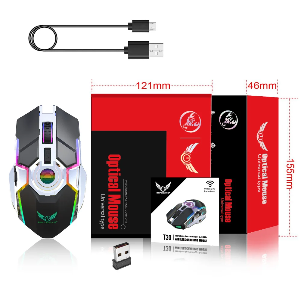 ZERODATE new rechargeable mouse RGB light wireless mouse 2.4G adjustable DPI game player office PC notebook application