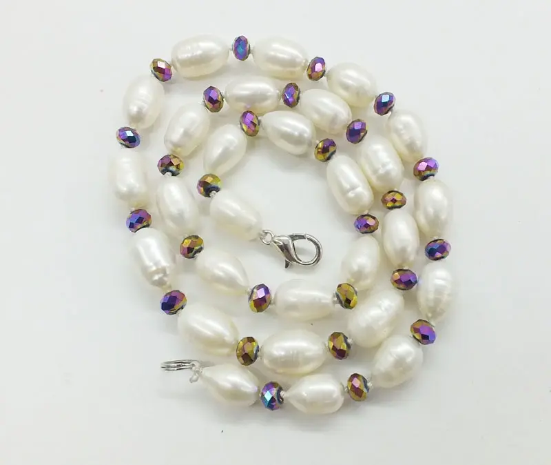 9-10MM  Natural White South Sea Pearl, Crystal Necklace, African Bridal Wedding Necklace Jewelry 21"