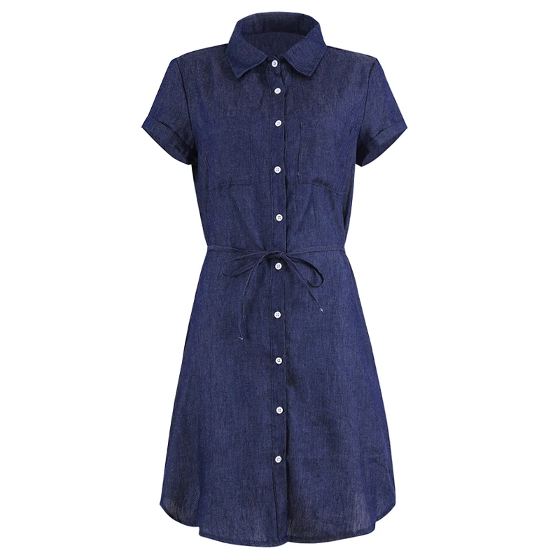 Moda mujer Denim vestido Turn-down Collar manga corta vestido de las mujeres otoño 2018 botón cintura Correa Mini Jeans camisa vestido Ropa